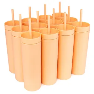 12 Blank Skinny Tumblers 16oz Colored Pastel Acrylic Matte Plastic Cups in Bulk w/Lids, Straws, Cleaning Brush! DIY Customizable (Sunflower)
