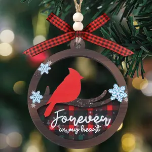Forever in My Heart, Red Cardinal Snowflake Checkered Hollow Wooden Decor, Cardinal Memorial Ornament Gift, 2 Layer Wooden Decoration, Christmas Tree Hanging Decoration, Sympathy Memorial Gifts for Loss of A Loved One, Christmas Home Decoration