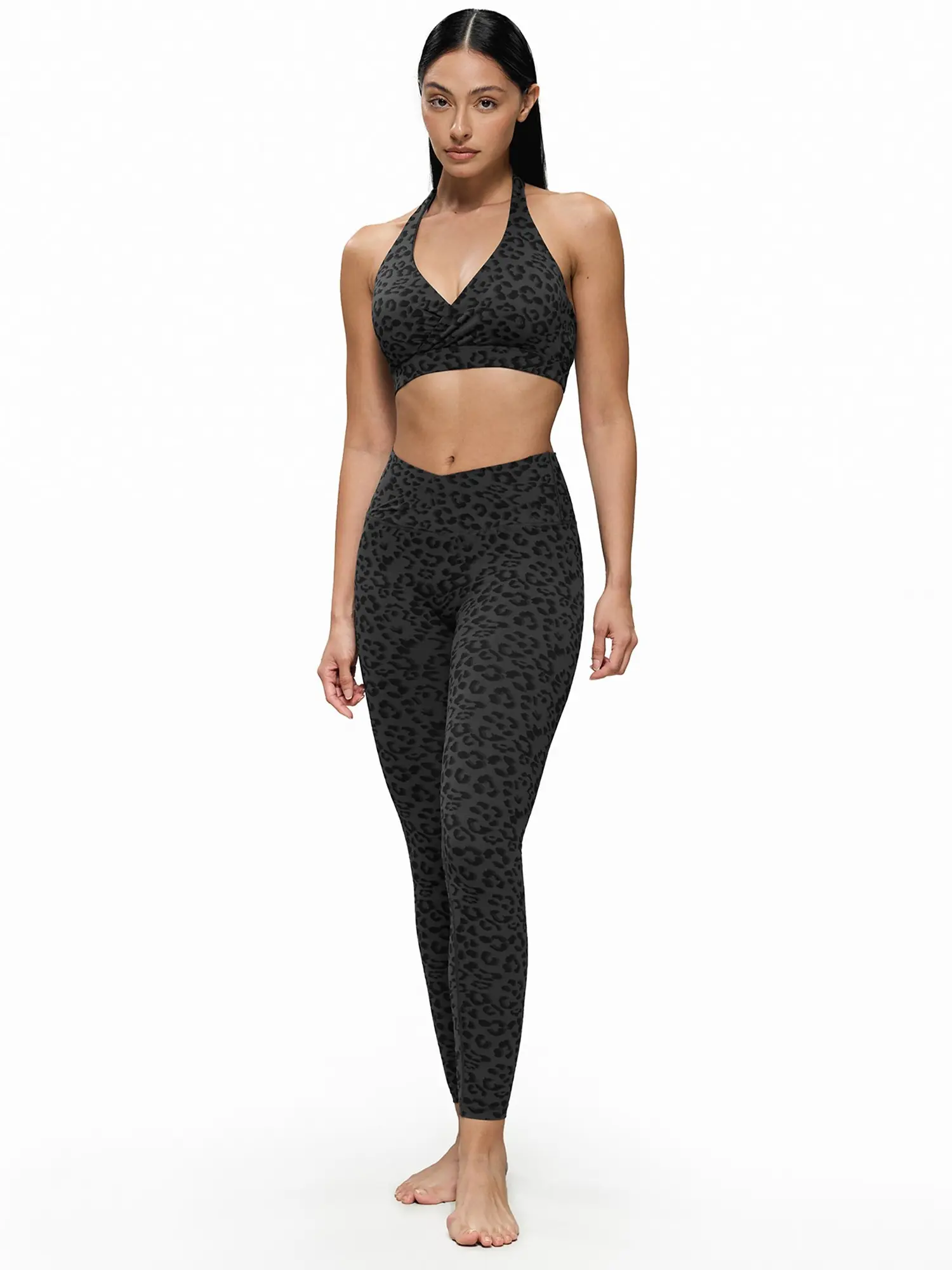 FDR X AOSSIO Women's 2-Piece Leopard Print Activewear Set, High-Waist Crossover Shorts, V-Neck Sports Bra for Yoga & Workout tracksuit Seamless Leggings athletic sleeveless