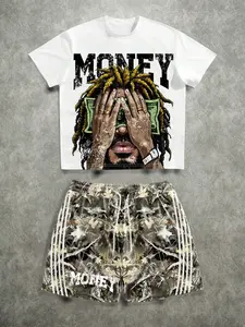 Men's 2-Piece Set, Graphic Print T-Shirt + Camouflage Shorts, Streetwear Hip-Hop Style, Loose-Fit Casual Summer