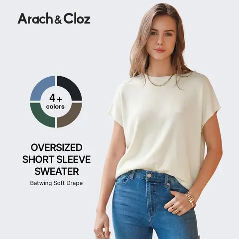 Arach&Cloz 2026 Women's Wool Blend Short Sleeve Oversized Sweater Business Casual Tops SummerVibes Womenswear