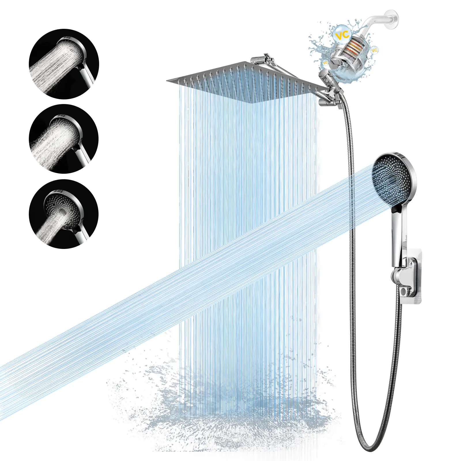 3-Setting Filtered Shower Head & Handheld Combo: 10-inch large rectangular chrome shower head, 20-stage filtration, 3-mode handheld sprayer, adjustable dual shower head system with 11-inch extension arm and 60-inch hose.