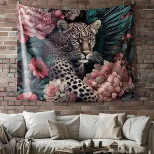 Leopard surrounded by flowers, digital printed on background fabric, polyester wall tapestry, suitable for living room, bedroom and party decoration