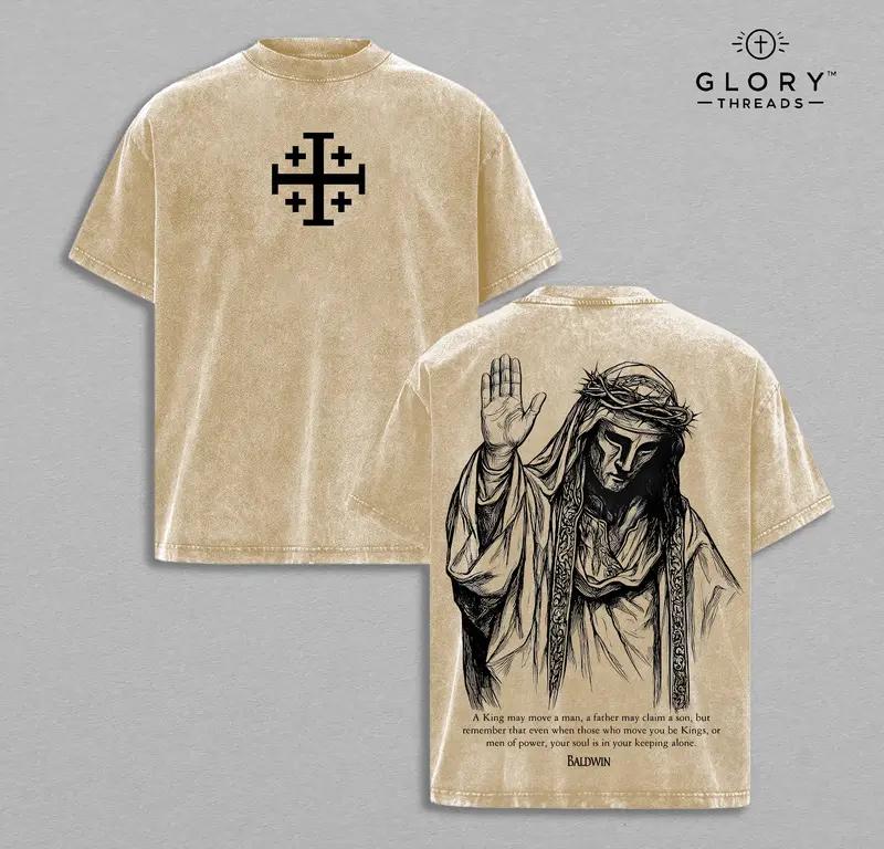 Baldwin IV "The Leper King" T-Shirt Washed, Crusader King of Jerusalem Tee, Jerusalem Cross Medieval Christian Shirt, Vintage Washed Gothic Faith Streetwear - Jesus Apparel - Christian Outfit