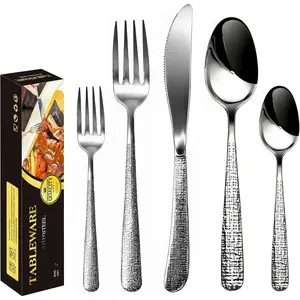 Modern Flatware Set, 5- Stainless Steel Silverware with , Forks & Spoons, Hammered Handle Design, Mirror Polished, Dishwasher Safe,  Box Included