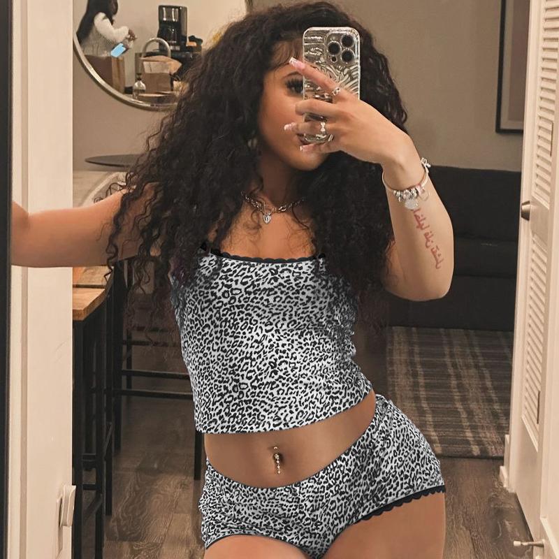 Sexy Casual Leopard Print Cami Top & Mid Waist Shorts Two Piece Set Contrast Lace Straps Trim for Women Summer Beach Vacation Outfits Party Dating Y2K Bodycon Suits