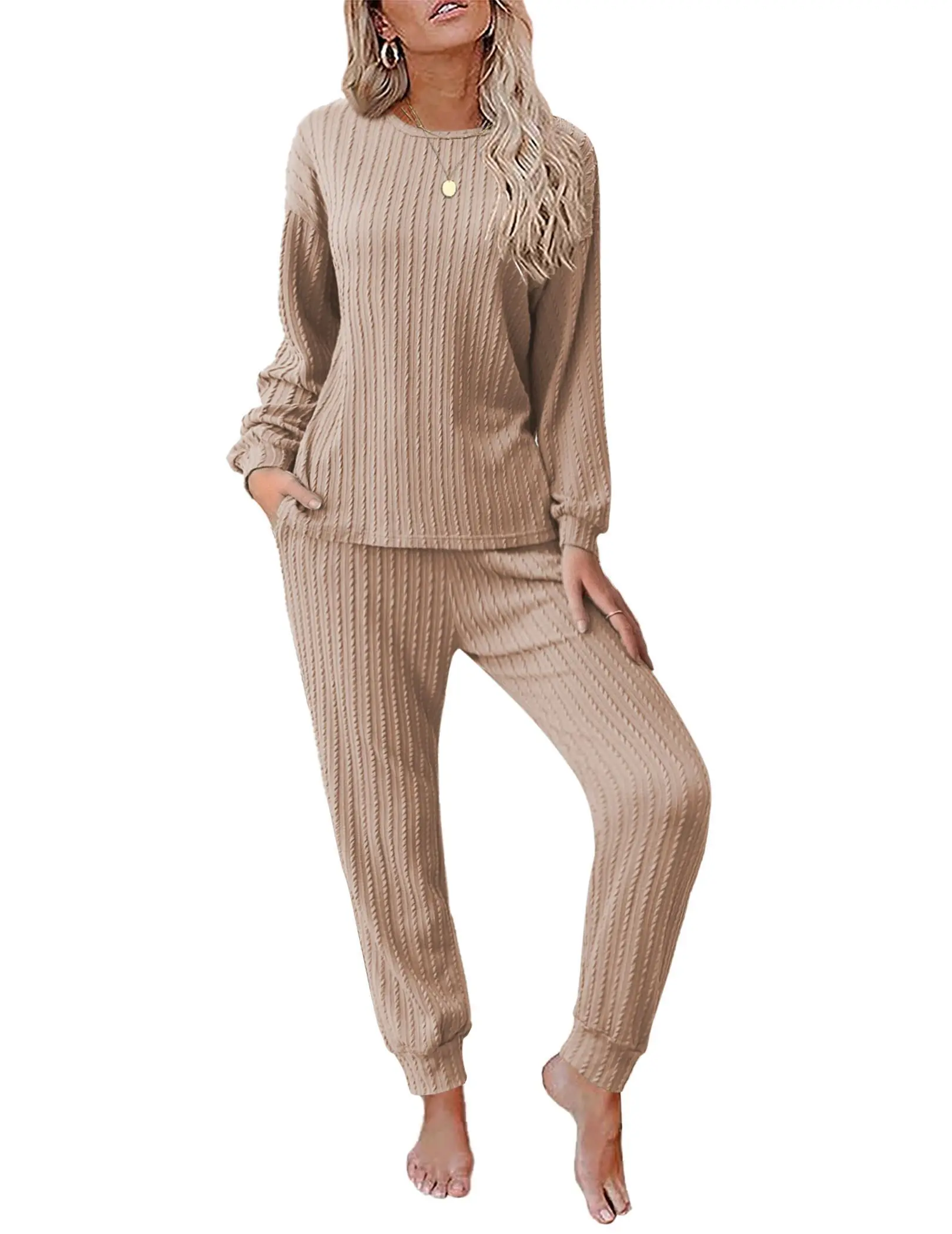Ekouaer Womens Pajamas Set Ribbed Knit Long Sleeve Pullover Top Jogger Pants Set 2 Piece Lounge Set Sleepwear Tracksuit S-XXL