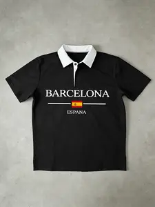 Barcelona Print Polo Shirt, Spanish Theme Collared Short Sleeve Top, Geometric Pattern, Fitted Long Style, Casual Wear, Classic