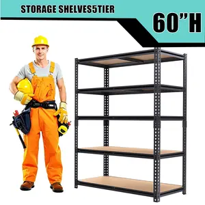5-tier adjustable metal storage rack/shelf; particle board supports 385 lbs per layer; suitable for garage, basement, warehouse, food storage room, cabinet, kitchen organization, and crafts.
