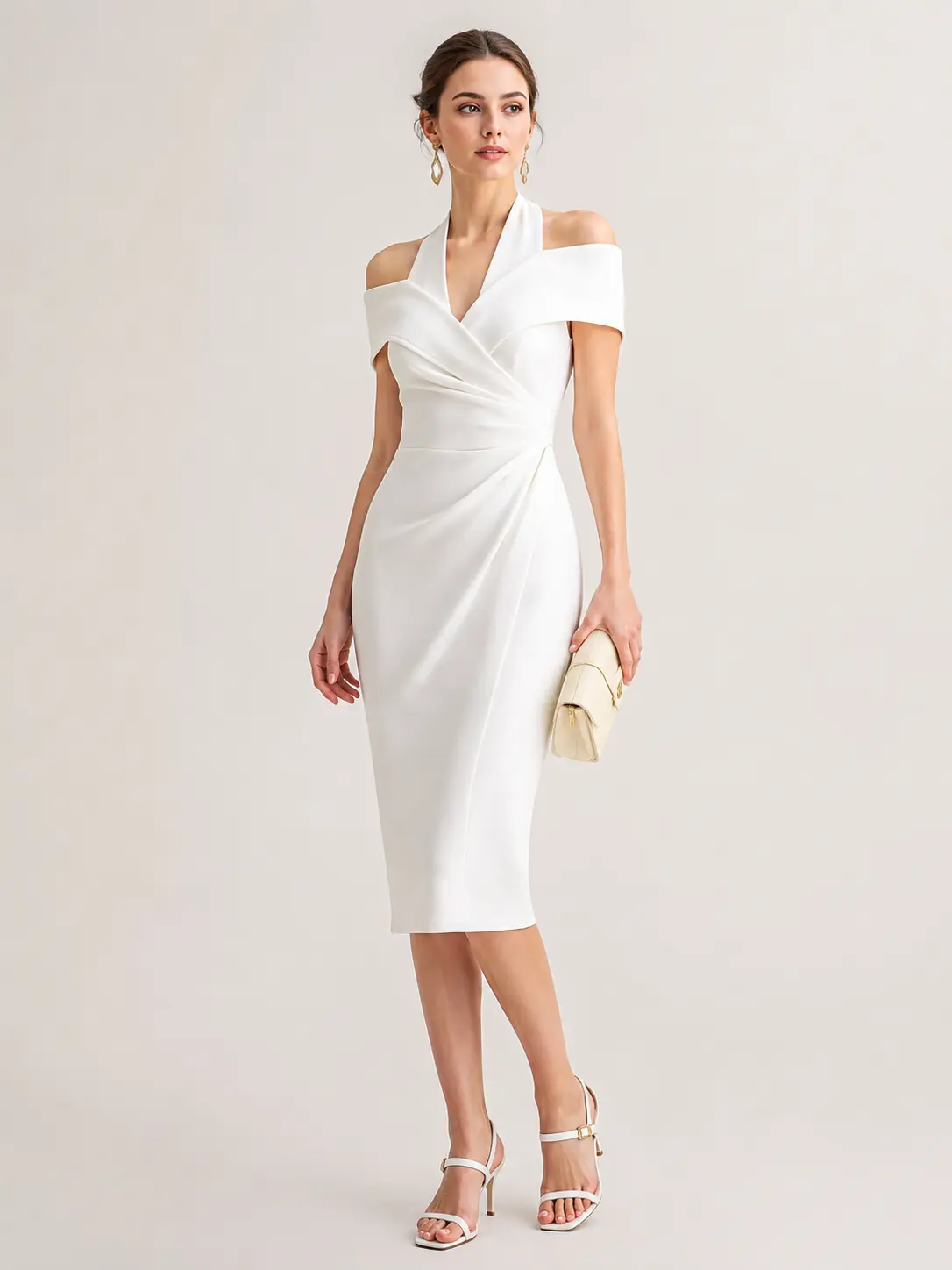 2026 Summer Elegant Halter Off Shoulder Wrap Midi Dress Mid Waist Ruched Bodycon Pencil Outfit For Office Business Dinner Date Night Wedding Guest Cocktail Gala Sophisticated Classy Curve Hugging Women Formal Party Gown