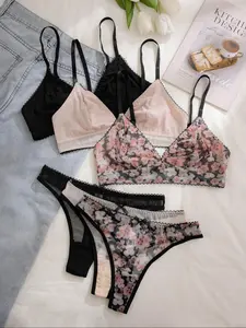 Women's 6pcs Floral Print Bra & Contrast Mesh Thong Set, Adjustable Strap Bow Decor Lingerie Set, Soft Comfy Underwear Set for Women