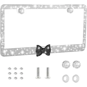 Bling License Plate Frame For Women, 1 Pack Sparkly Diamond Car Tag Covers With Rhinestone Crystals & Glitter Screw Caps, Stainless Steel Girly Auto Accessories For Her (White+Black Bow)