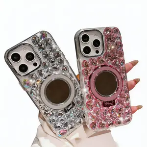 Magnetic Kickstand Glitter Case for iPhone 16 6.1-inch/Plus 6.7inch/ Pro 6.3inch/Pro Max 6.9inch Bling Sparkly Rhinestone with Camera Protector Makeup Mirror Soft TPU Bumper Case
