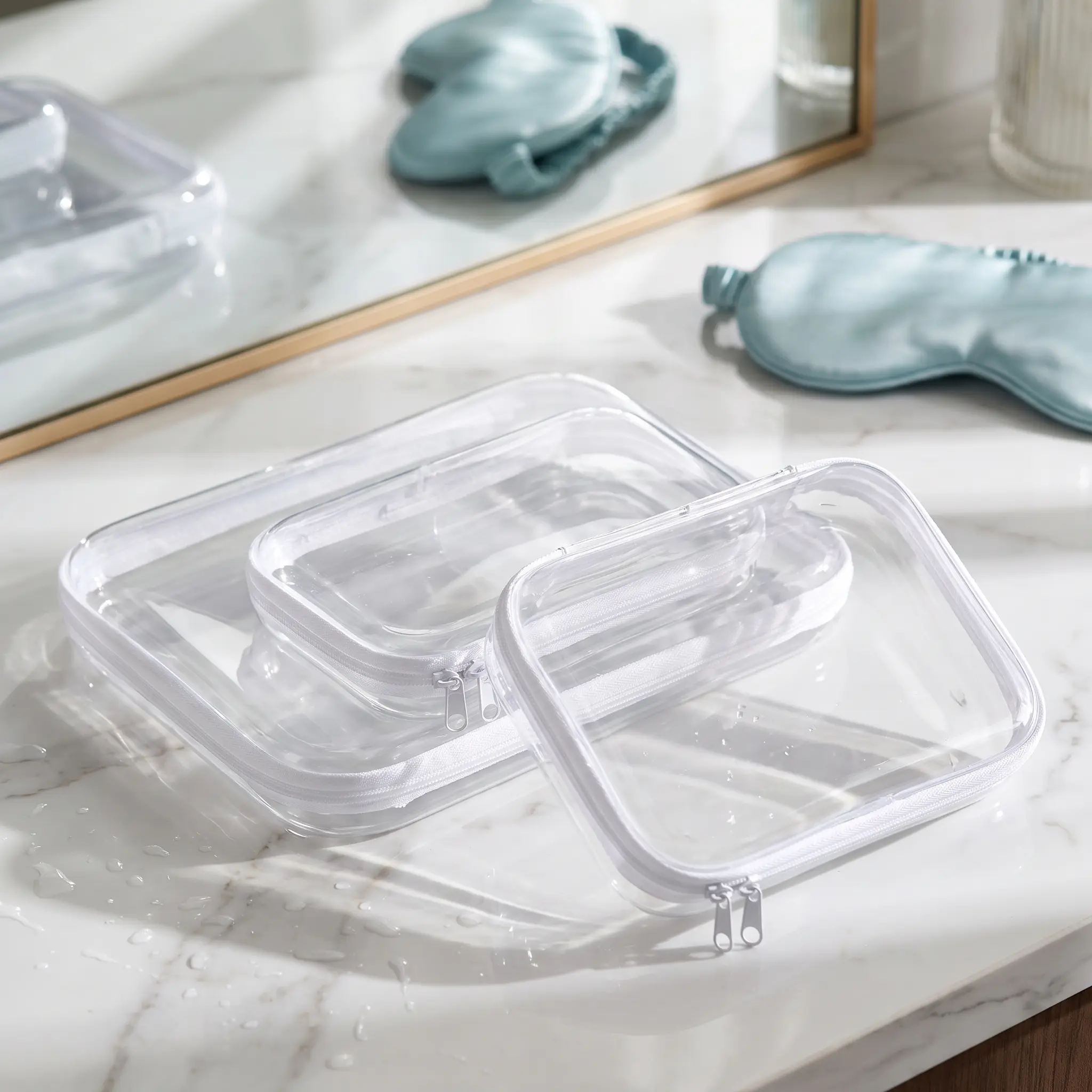 3-Piece Clear Travel Toiletry & Accessory Pouch Set, TSA-Approved Transparent PVC with Double Zipper, Waterproof & Durable, S/M/L Sizes for Cosmetics, Electronics & Toiletries, Easy-Clean Fabric Trim