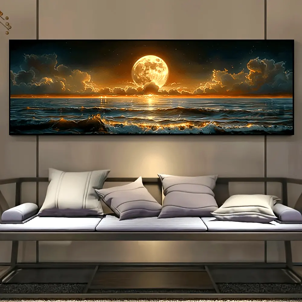 Framed 2D Plan Painting, 1 Piece Classic Nostalgic Country-Themed Artistic Beach-Themed Moonlit Sea Canvas Poster Print, Horizontal Wall Decor for Living Room, Indoor & Outdoor Use, Framed Wall Arts, Artistic Wall Arts