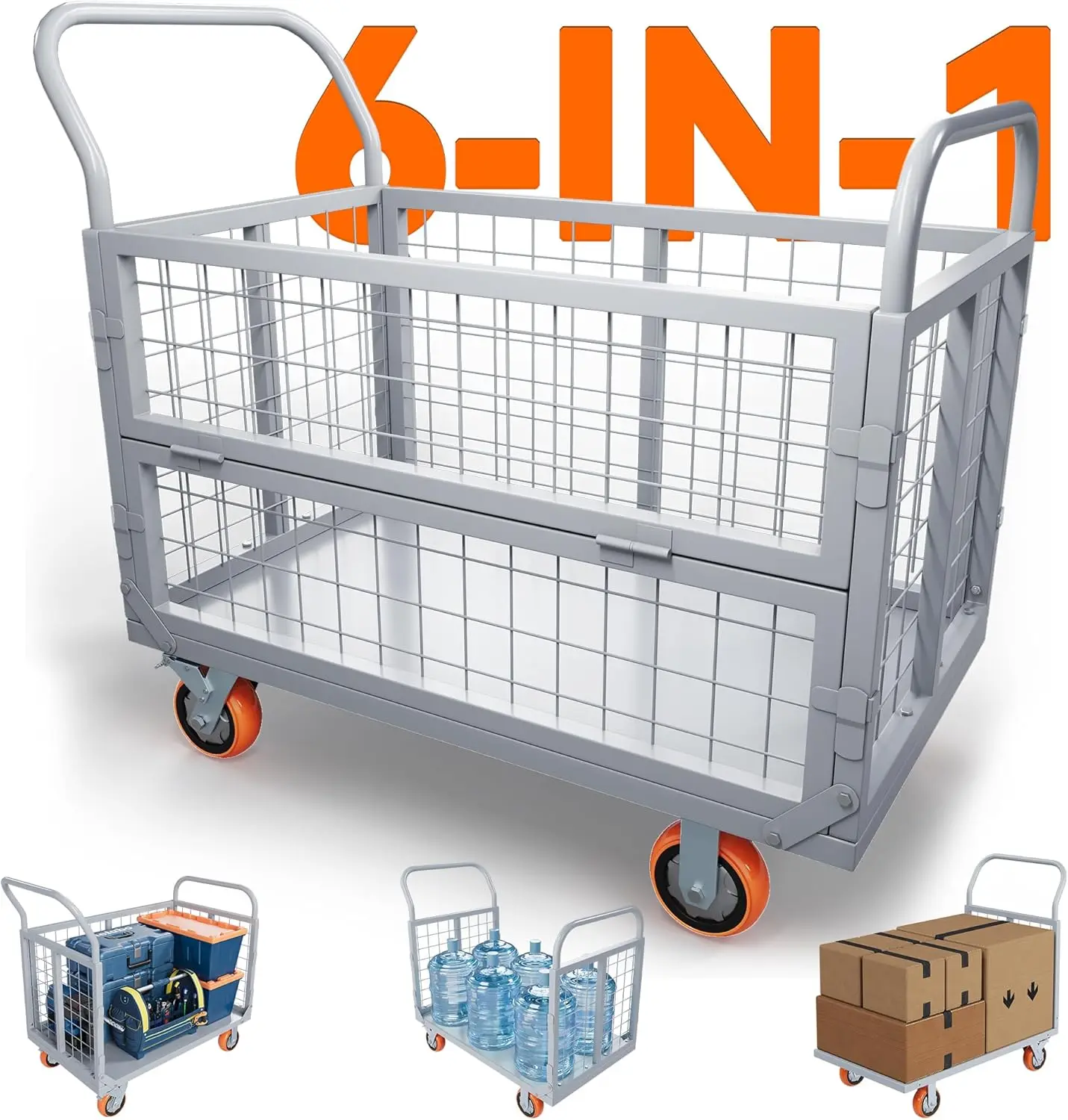 OEDRO 2000lbs Platform Truck Cart with Cage, 6-in-1 Foldable Heavy Duty Hand Truck Flatbed Cart with 6" Swivel Casters, Multi-Functional Push Dolly for Grocery, Laundry, Warehouse, Storage