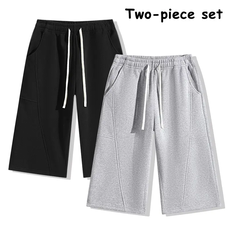 Affordable 2-Pack Elastic Drawstring Wide-Leg Jogger Shorts, Plain Relaxed Fit Sweat Shorts for Men and Women