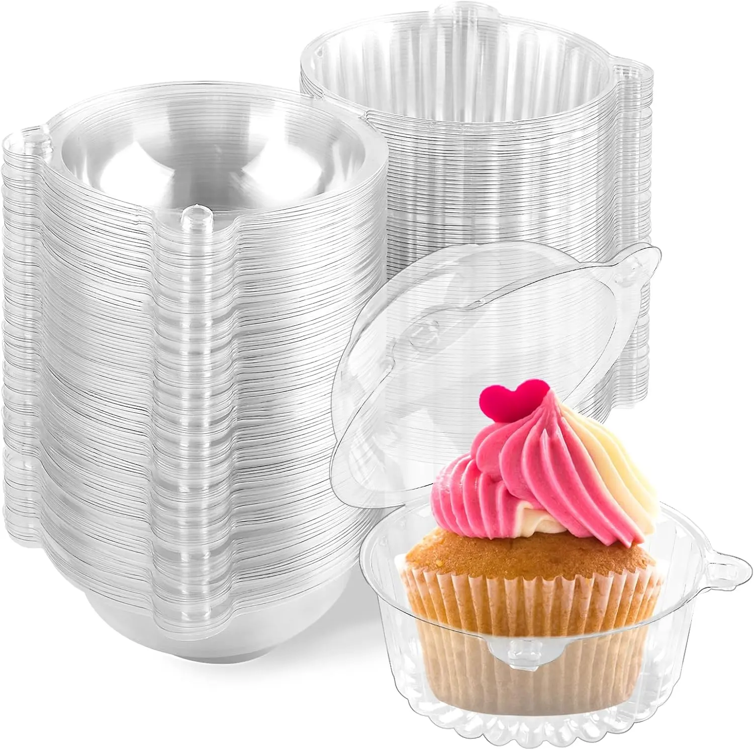 50 Pack Individual Cupcake Containers, Clear Plastic Cupcake Holders with Dome Lids, Single Cupcake Carriers for Cupcakes, Hot Cocoa Bombs, Muffins, Pastries