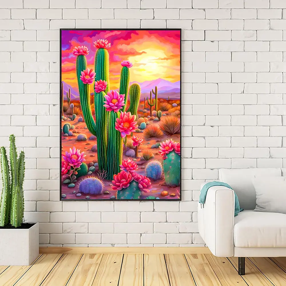 5D DIY Cactus Sunset Diamond Art Kit - Full Mosaic Cross Stitch, 12x16in Easy-to-Start Handmade Artwork, Firmly Adhered Diamonds, Exquisite Gift for Family and Friends, Room Decoration
