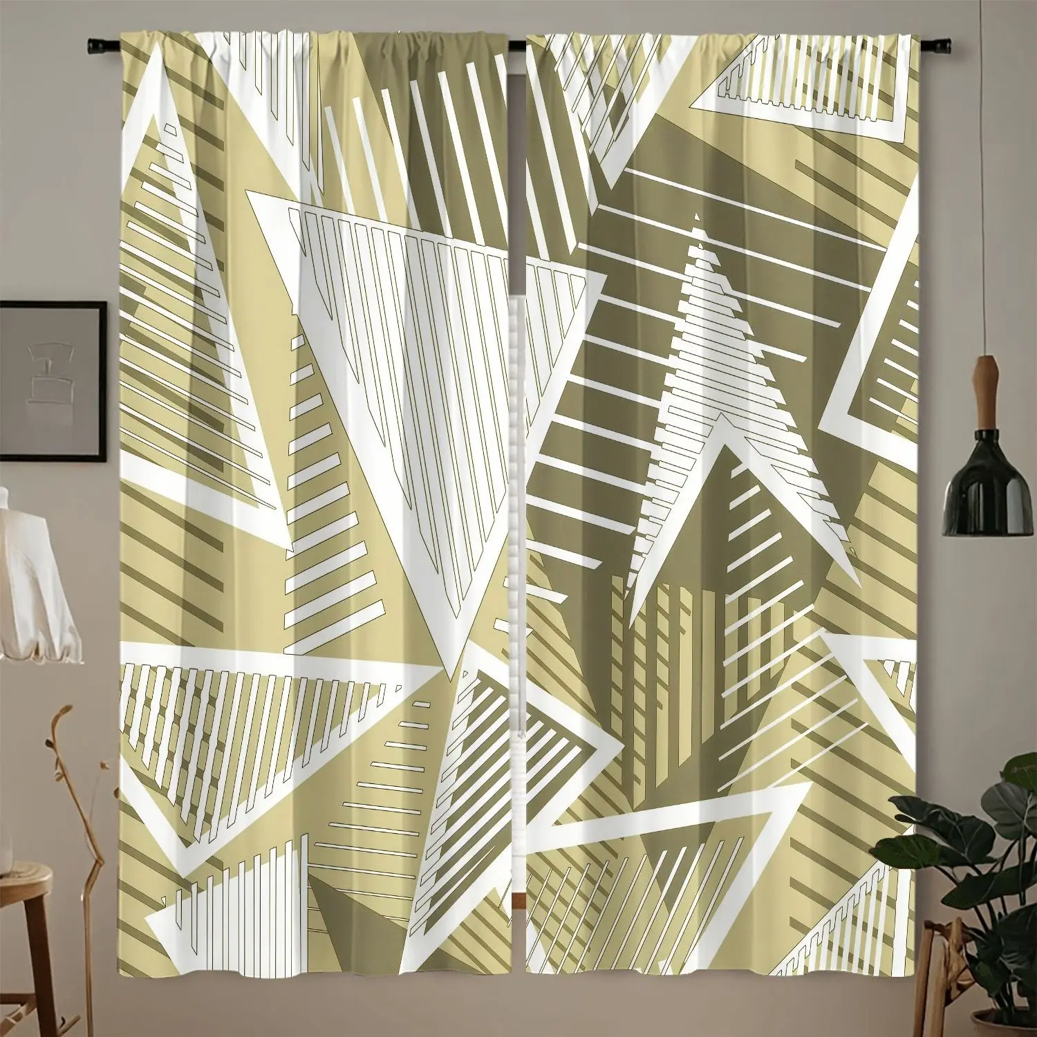 2 pieces, modern minimalist style full version geometric triangle line texture decoration home curtains, 100% semi transparent polyester fabric, with pole bag design, suitable for bedroom, office, living room decoration