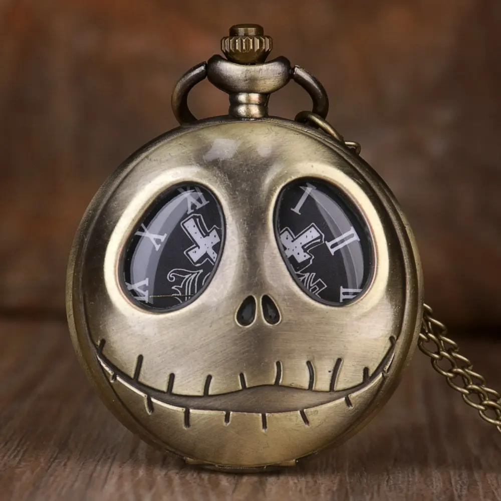 Unisex Gothic Bronze-Tone Hollow Skull Analog Display Pocket Watch - Round Black Dial, Built-In Battery, Vintage Retro Metal Casual Timepiece for Halloween, Collectibles (Vintage Retro Pocket & Fob Watches Category)