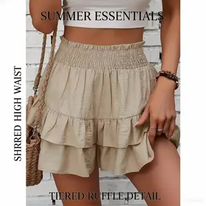 Women's Frill Trim Ruffle Hem Shirred High Waist Shorts, Boho Casual Tiered Layer Shorts for Spring & Summer, Ladies Bottoms for Daily Wear, Womenswear, Rara Skirts, Fit