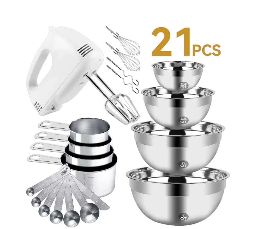 KOSBON Electric Hand Mixer Mixing Bowls Set, Upgrade 5-Speeds Mixers with Silver Nesting Stainless Steel Mixing Bowl, Measuring Cups and Spoons Whisk Blender - Baking Supplies for Cooking