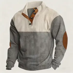Men's Casual Color-Blocked Button-Up Half-Zip Stand Collar Pullover Sweatshirt - Loose Fit Machine Washable Corduroy Casual Sweatshirt