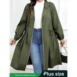 Plus-size solid-color drawstring zip-up hoodie, autumn and winter casual long-sleeve pocket jacket, everyday women’s clothing