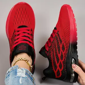 Women's Plus Size Air Cushion Sneakers - Breathable Mesh, Stabilizing Support, All-Season Comfort, Casual Running & Fitness Shoes, Stylish Red Sneakers with Black Accents, Lightweight PU Sole & Cushioned Insole, Comfortable