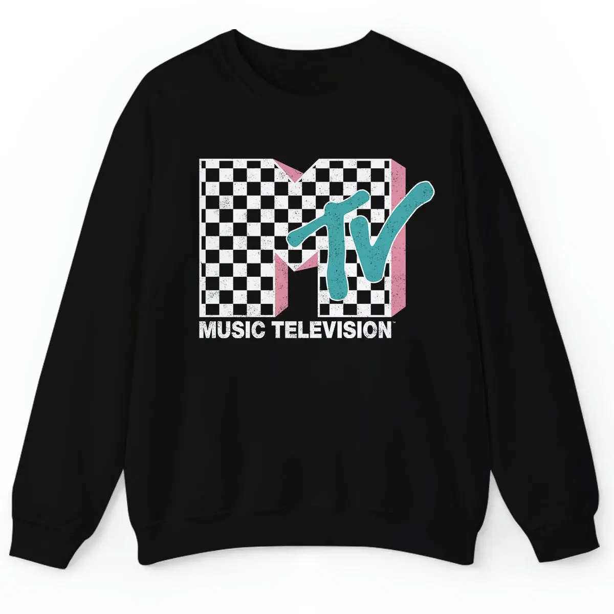MTV Neon Distressed Checkered Logo Graphic Sweatshirt, Vintage MTV Birthday Girl, Retro 80s & 90s MTV Wash Family Matching Sweatshirt
