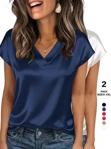 Women's Satin V-Neck Fitted Blouse, Silky Short-Sleeved Fashion Top for Office and Casual Wear, Perfect for Dating Occasions, Womenswear