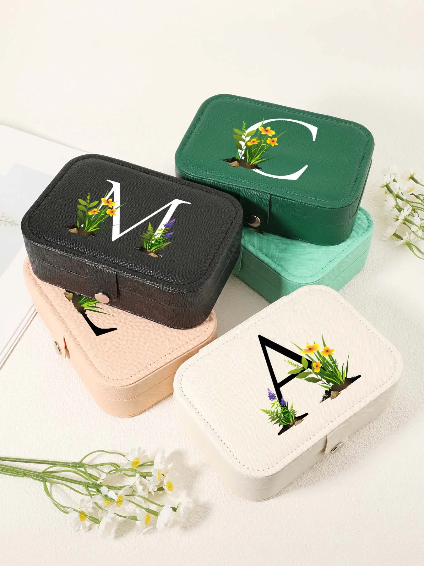 Initials Letter Pattern Flower Design Jewelry Storage Box, Portable Mini Jewelry Organizer, Travel Small Jewelry Storage Container