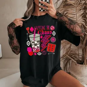 Pink Caffeine And Chaos Collage Tshirt, Western Coffe Lover Outfits For Her, Country Cowgirl Mom Shirt Top Womenswear