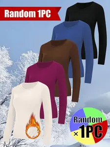 Random Color Solid Women 's Thermal & Soft Breathable Basic Long Sleeve Top, Round Neck,Casual Bottom Layer, Womenswear, Perfect for Autumn Winter Essential