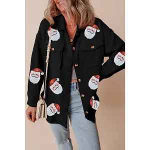 Black Sequin Father Christmas Graphic Button Down Ribbed Shacket