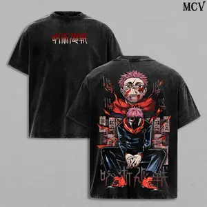 Yuji Itadori Tee Washed – Jujutsu Kaisen Culling Game Movie 2025 Vintage Oversized Heavy Cotton Double Printed Anime Manga T-Shirt, Retro Unisex Streetwear Graphic Top, Sukuna’s Vessel Awakening Edition