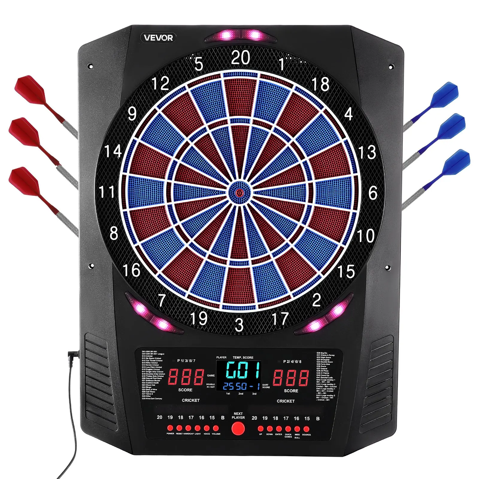VEVOR Electronic Dart Board, 13.5" Target Dartboard with 45 Games & 474 Variations for Up to 8 Players, 6 Dart Shafts with Flights & 50 Soft Tips, Color LED Cricket Scoring Screen for Home Party Bar, Abs, 13.5 Inch