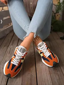 Women's Colorblock Retro Dad Shoes, New Letter Casual Low Top Sneakers, Lifestyle Colorblock Sneakers, Soft Breathable Sporty Style, All Season Textile Rubber Sole