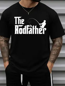 Men's Funny Fishing Rodfather T-Shirt - Heavyweight Cotton Tee with Fishing Rod & Fish Graphic, Round Neck Short Sleeve Shirt Suitable for Anglers, Ideal Gift for Dad, Husband, Grandpa - All-Season Casual Wear for Fishing Trips & Everyday Use
