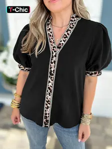 Summer Casual Button Front Solid Color V Neck Short Bubble Sleeve Fitted Shirt, Contrast Stripe Leopard Trim Button Down Blouse, Women's Feminine Fashion Top, Womenswear