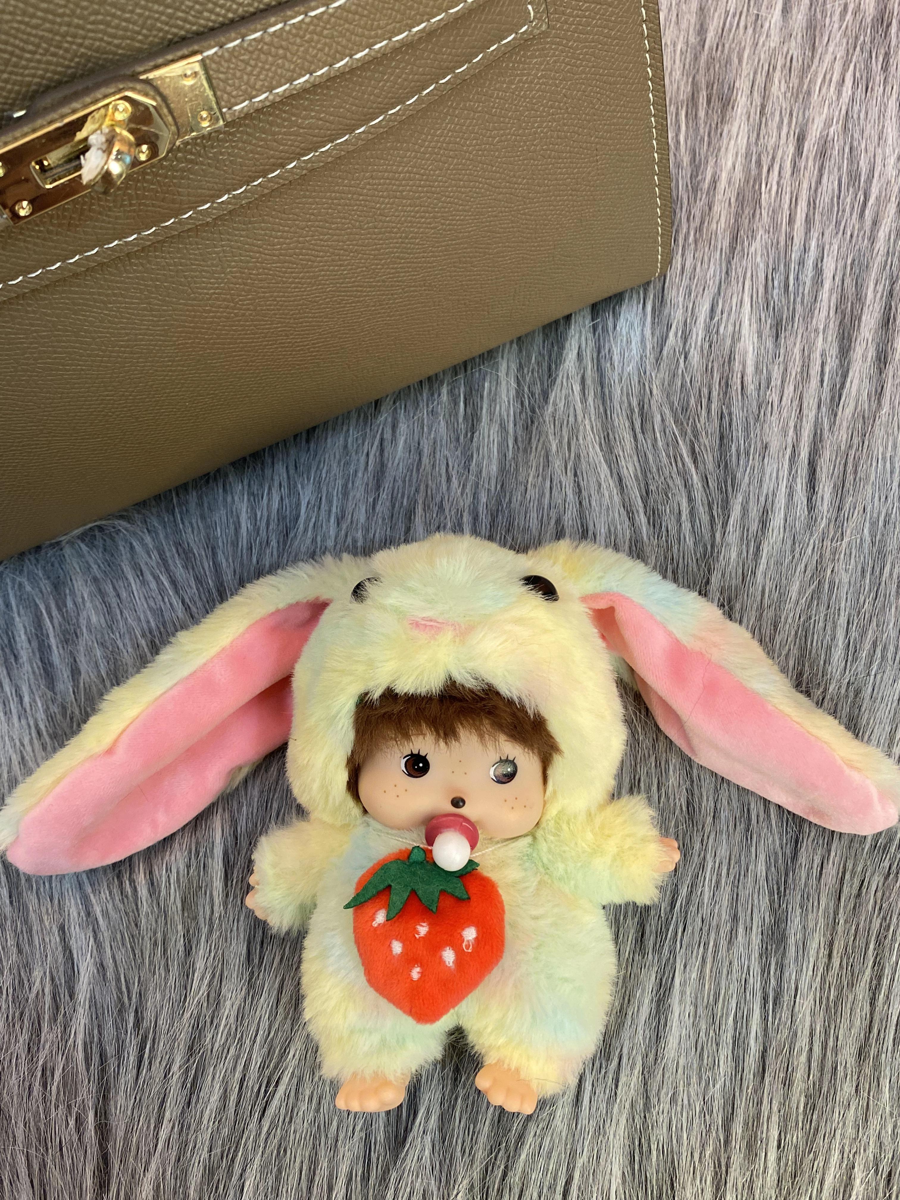 Strawberry Bunny Monchhichi Plush Keychain Butter Yellow Rabbit with Blue Ombre & Red Strawberry Detail Cute Gift for Her Soft Plush Fabric Mini Size Strawberry Bunny Monchhichi Plush Keychain Butter Yellow Rabbit with Blue Ombre & Red Strawberry Detail Cute Gift for Her Soft Plush Fabric Mini Size
