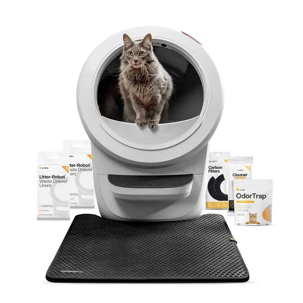 Whisker Litter-Robot 4 Supply & Accessory Bundle, Automatic Self-Cleaning Cat Litter Box, White, Includes Litter-Robot 4, Mat, 3 OdorTrap Packs, 10 Liners, 30 Wipes, and 2 Carbon Filters
