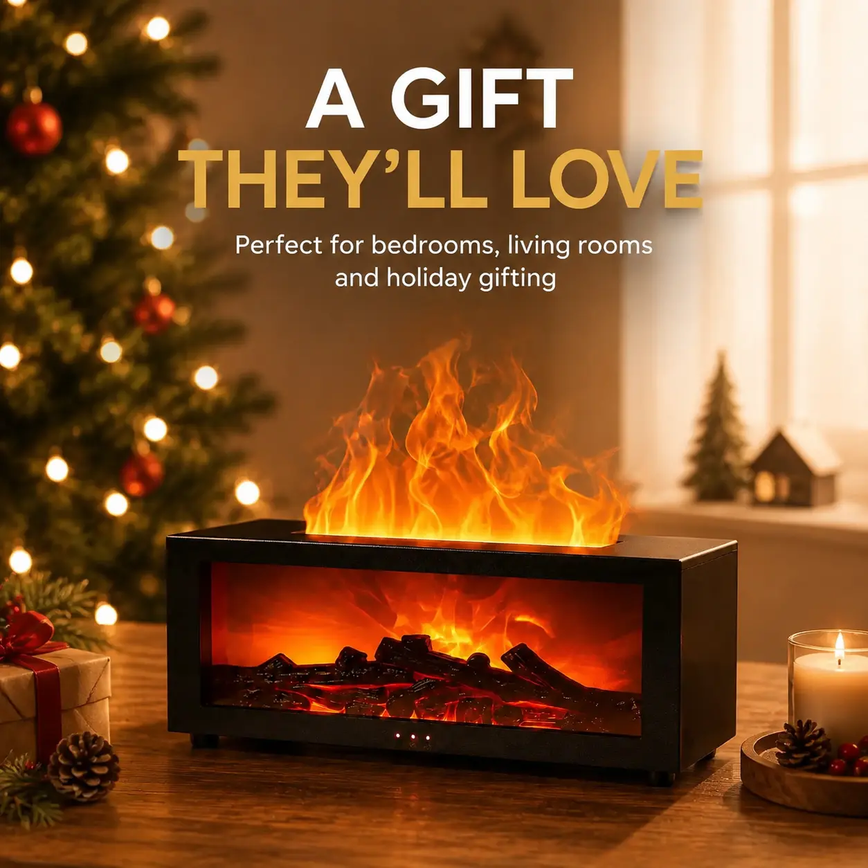 Fireplace Humidifier & Essential Oil Diffuser with 3D Flame Effect, Cool Mist, LED Light, Remote Control, Timer & Auto Shut-Off, Christmas Gift for Home, Bedroom & Office
