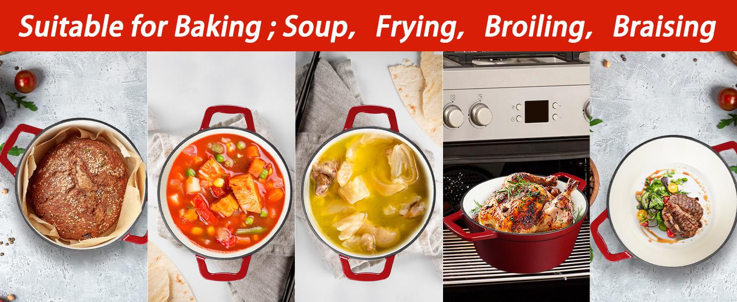 4.75QT Large Capacity Enameled Cast Iron Dutch Oven with Lid, Red Nonstick Pot, Suitable for Baking, Frying, and Stewing, Oven Safe up to 500°F