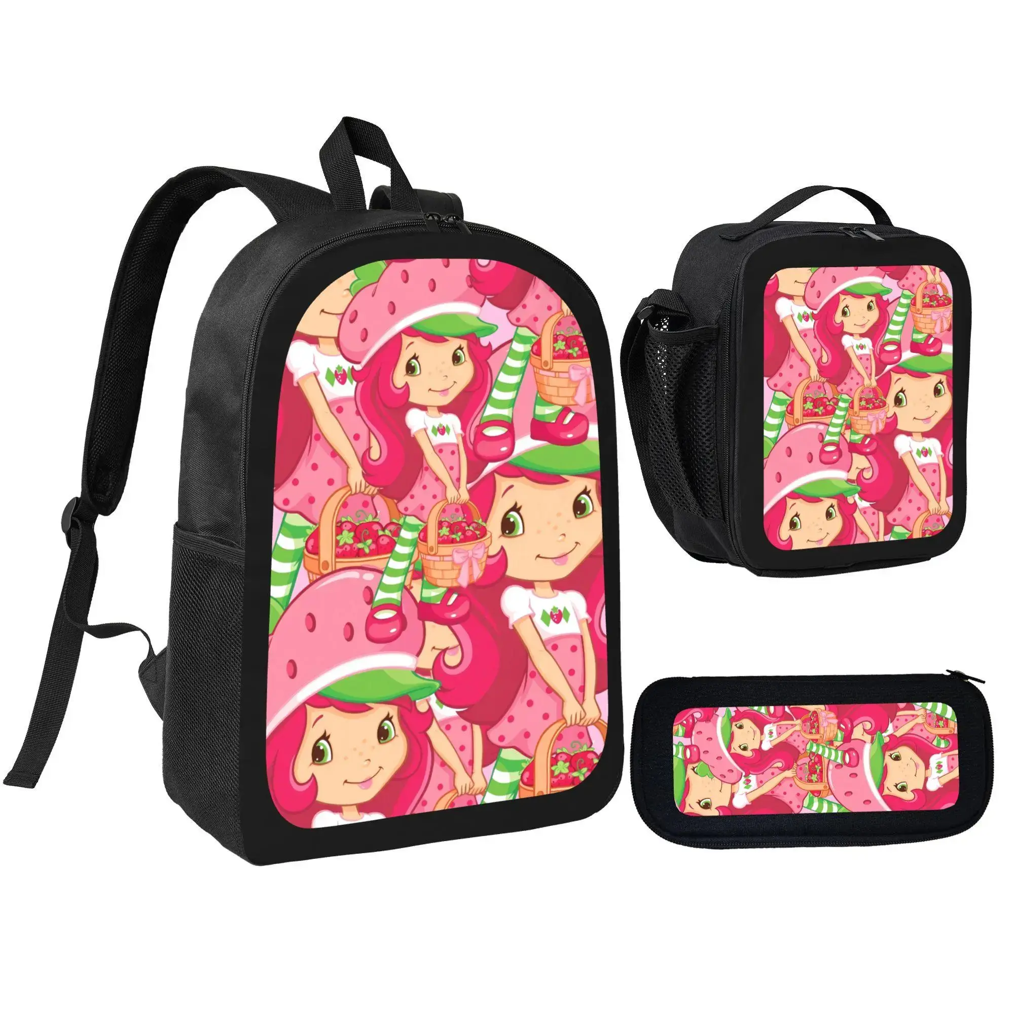 Strawberry Sweetheart ,Cute Pink Girls 3 In 1 Backpack Set With Insulated Lunch Bag Pencil Case Lightweight Printed Kids School Bookbag