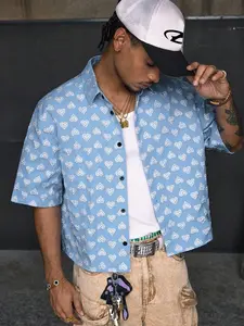 Men's Short Sleeve Hawaiian Shirt, Casual Button Down, Summer Stylish Casual Fitted Woven Fabric, Heart Pattern Design, Outdoor Beach Vacation Style