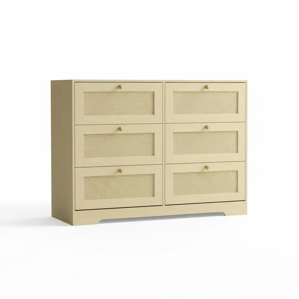 Boho Rattan Dresser with 6 Drawers - Sturdy Wood Legs, Metal Handles - Wicker Chest of Drawers for Bedroom, Living Room, Entryway - Oak Finish