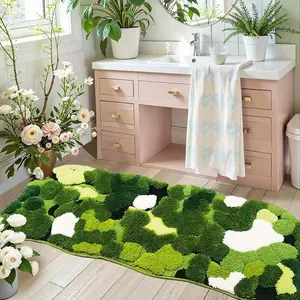 Cute Green Moss Bathroom Runner Rugs 24 x 60 Inch,  Boho Aesthetic Leaves Bath Mats Shaggy Non Slip Absorbent Shower Mat for Kitchen Bedroom Sinks Cottagecore Decor