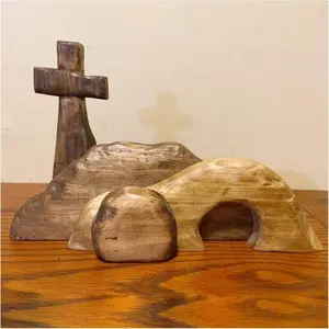 Empty Tomb Easter Scene and Cross Decoration, Jesus Tomb Tray Bundle Kit, Wooden Easter Jesus Sign Tiered Tray Decorations for Religious Home Office Tabletop Christian Gifts (Wood - A)